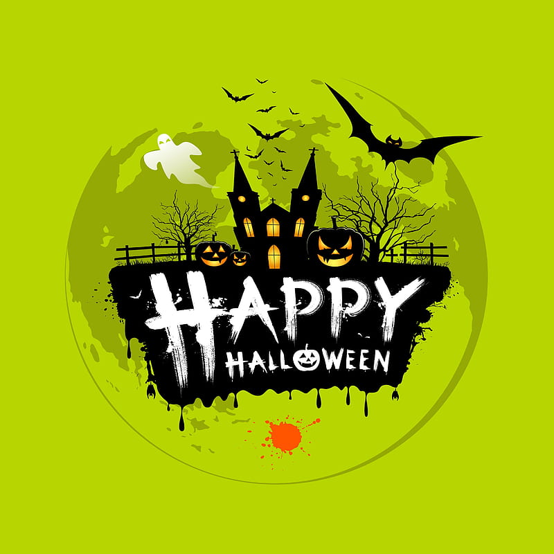 Halloween, artwork, green background, pumpkin, HD phone wallpaper