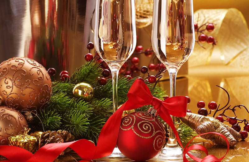 Happy New Year!!!, red, pretty, colorful, christmas balls, glasses, bonito, magic, xmas, graphy, ball, magic christmas, decorations, beauty, happy holidays, star, lovely, holiday, christmas, wine, ribbon, decoration, colors, christmas decoration, christmas ball, new year, happy new year, glass, merry christmas, balls, champagne, HD wallpaper