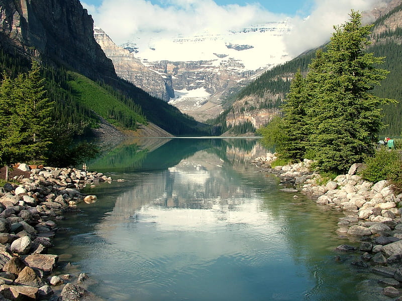 Lake Louise, rocks, acclivity, clouds, nice, stones, scenario, mounts, louise, forests, side, paisage, rivers, paysage, sky, trees, lagoons, water, cool, snow, mountains, awesome, magnific, landscape, gray, bonito, green, land, mirror, hill, blue, amazing, lakes, pins, gradient, plants, slope, nature, downhill, scene, HD wallpaper