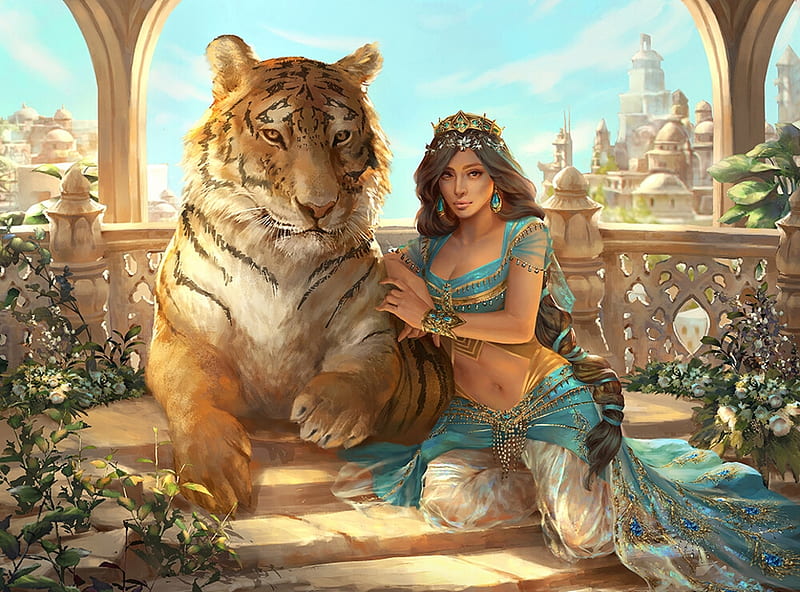 Princess Jasmine, jasmine, fantasy, girl, hoang lap solan, tigru, tiger, princess, disney, aladdin, HD wallpaper