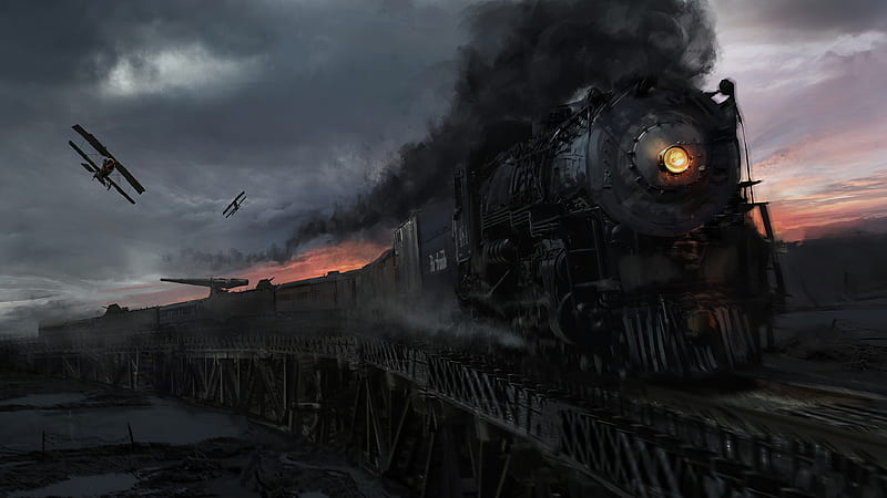 train, airplane, bridge, guerra, battle, artwork, smoke, darkness, Fantasy, HD wallpaper