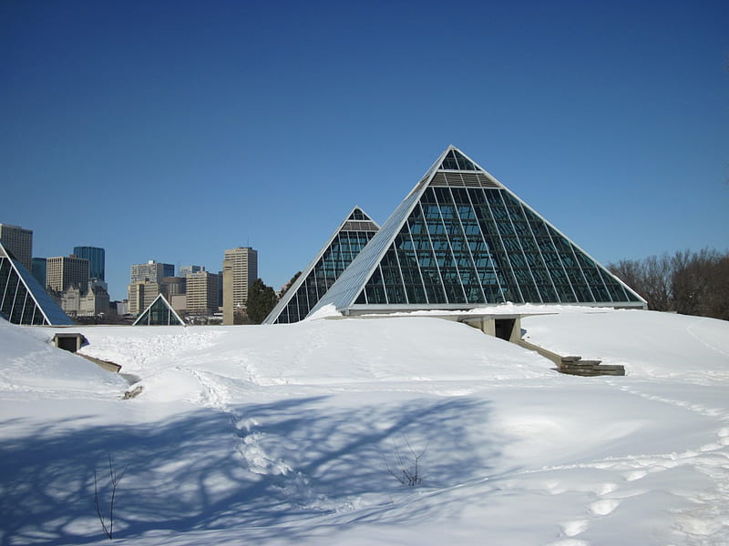 Global warming 14, glass, graphy, Sky, snow, buildings, pyramids, white, blue, HD wallpaper