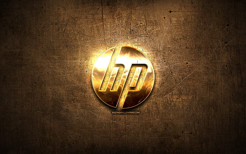 HP golden logo, artwork, brown metal background, Hewlett-Packard, creative, HP logo, brands, HP, HD wallpaper