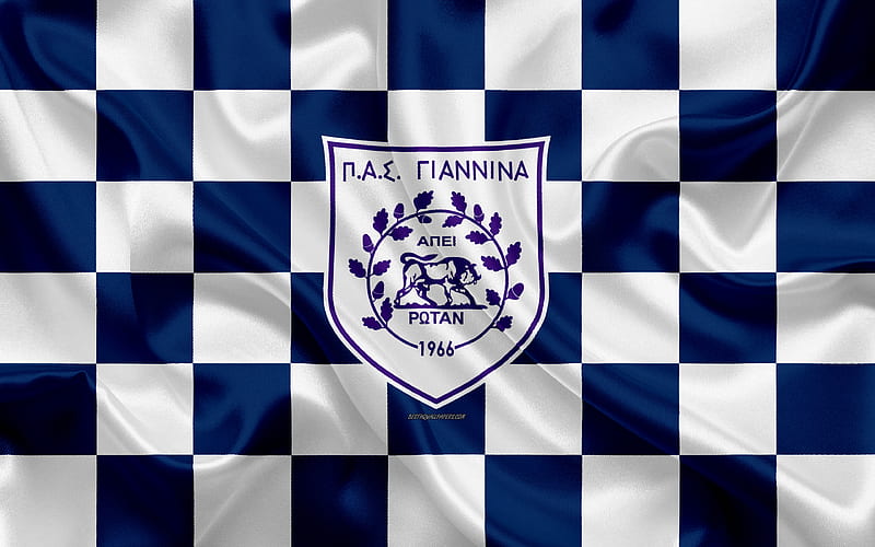 PAS Giannina FC logo, creative art, blue and white checkered flag, Greek football club, Super League Greece, emblem, silk texture, Ioannina, Greece football, HD wallpaper