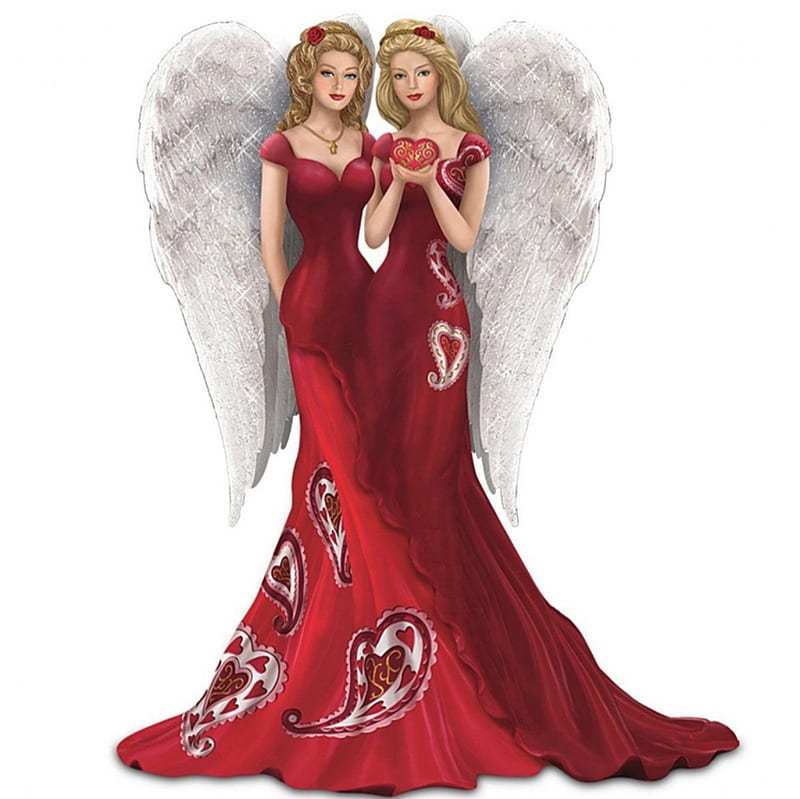 SISTER ANGELS, DRESS, WINGS, HEARTS, SISTERS, FEMALES, ANGELS, RED, HD wallpaper