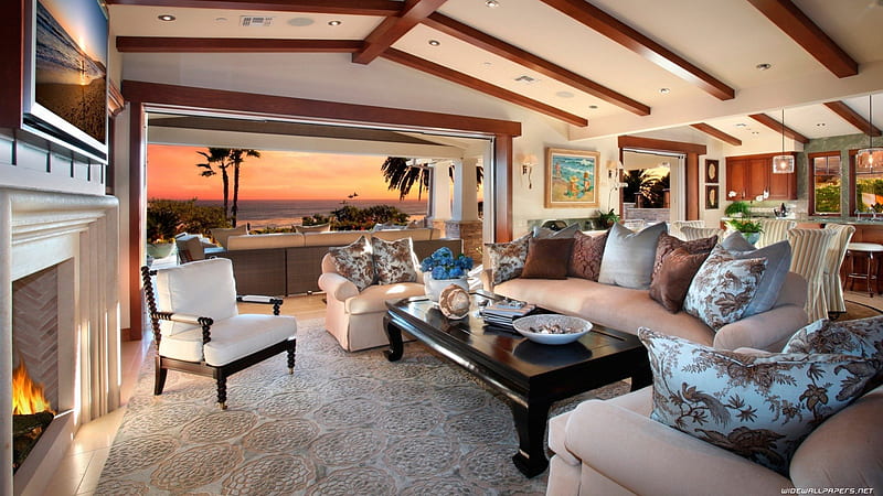 living room with a great view, desenho, beach, view, living room, HD wallpaper