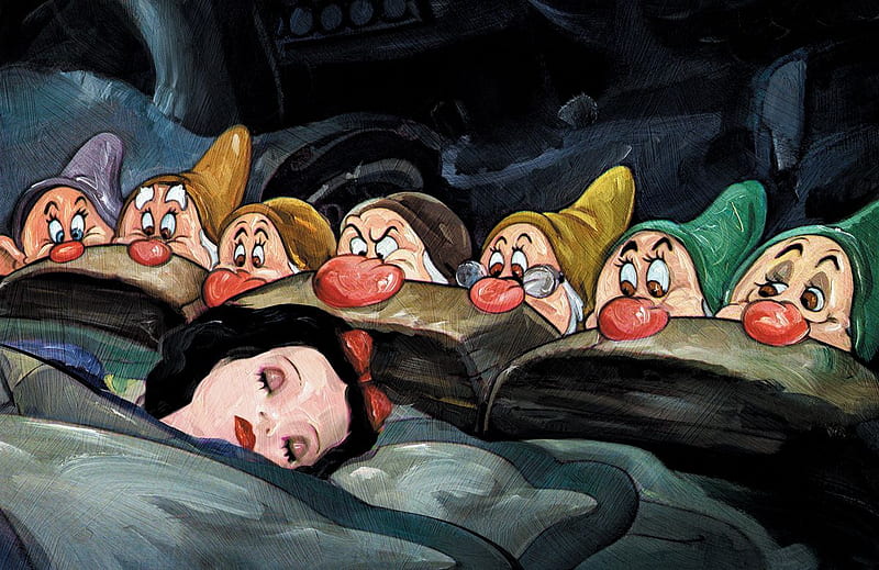 Snow White sleeping, dwarfs, cartoon, bed, other, HD wallpaper