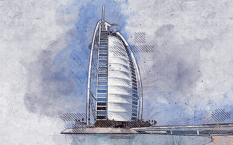 Burj Al Arab, grunge art, Dubai, United Arab Emirates, creative art, painted Burj Al Arab, drawing, Burj Al Arab abstraction, digital art, Dubai grunge, HD wallpaper