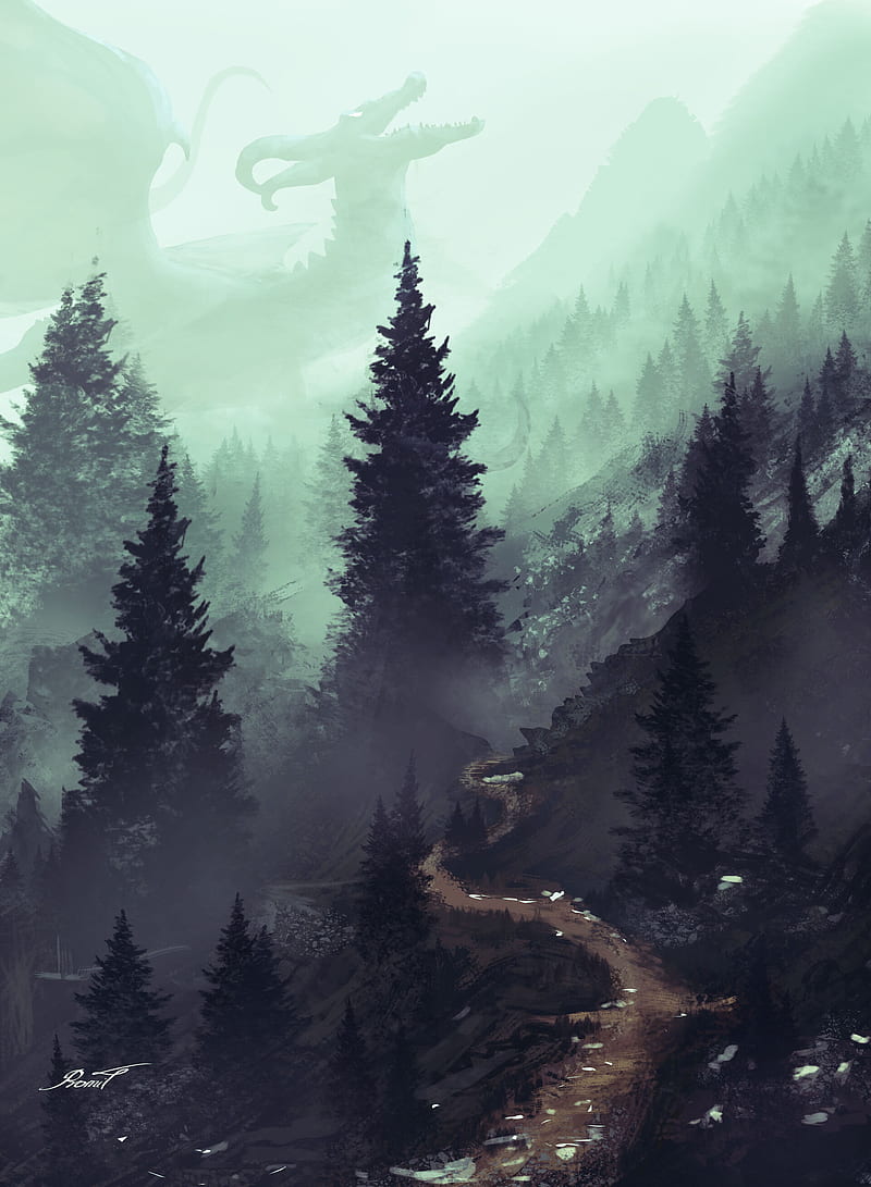 forest, path, trees, dragon, art, HD phone wallpaper