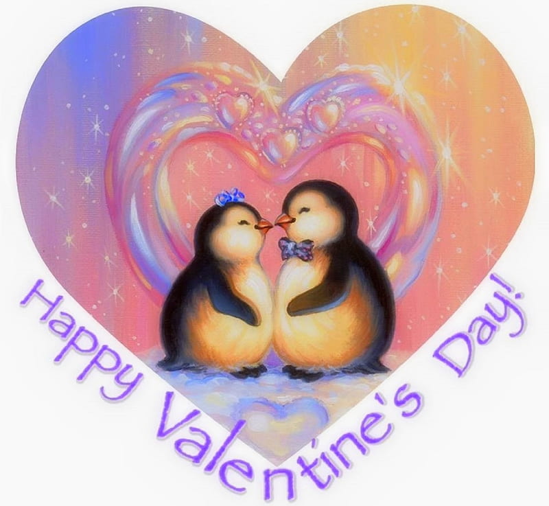 Happy Valentine's Day, holiday, love four seasons, Valentines, paintings, heart, kisses, beloved valentines, penguins, animals, HD wallpaper