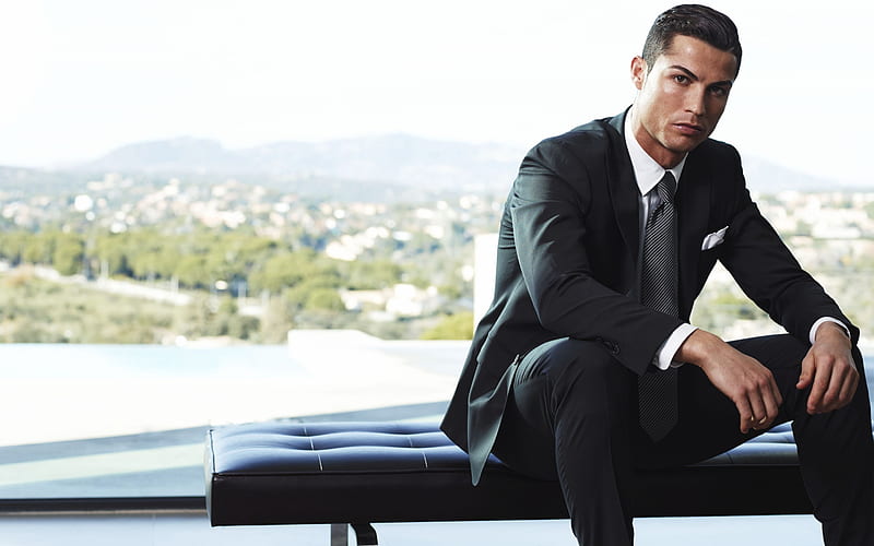 Cristiano Ronaldo, Portuguese footballer, hoot, CR7, Cristiano Ronaldo in black suit, world football star, HD wallpaper