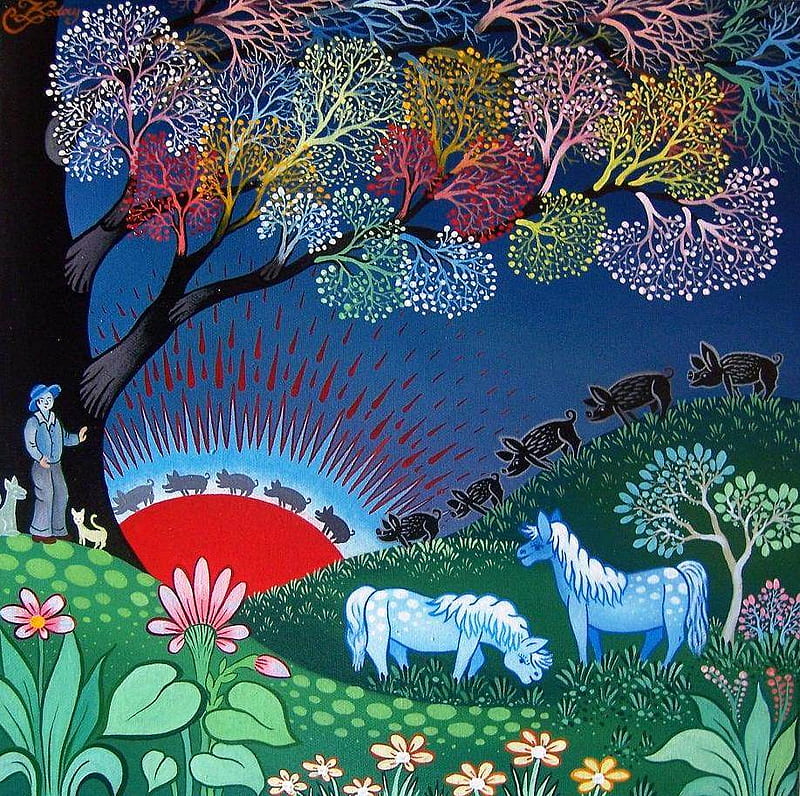Koday Laszlo. Black pigs, horses, blue ...., art, pig, koday laszlo, painting, flower, horse, field, HD wallpaper