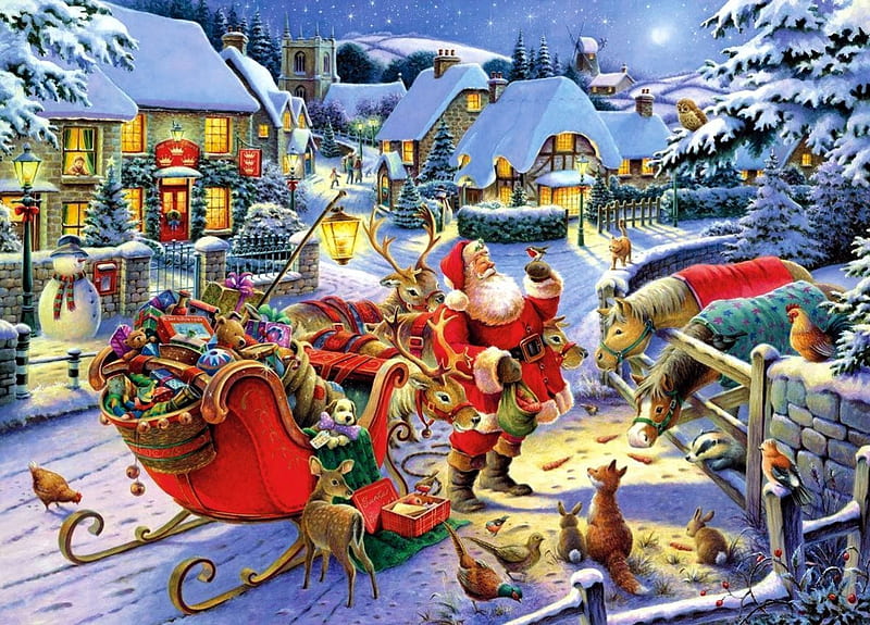 Santa's Christmas Supper, sleigh, houses, artwork, xmas, horses, winter, fox, bird, snow, rabbits, village, pheasants, gifts, animals, HD wallpaper
