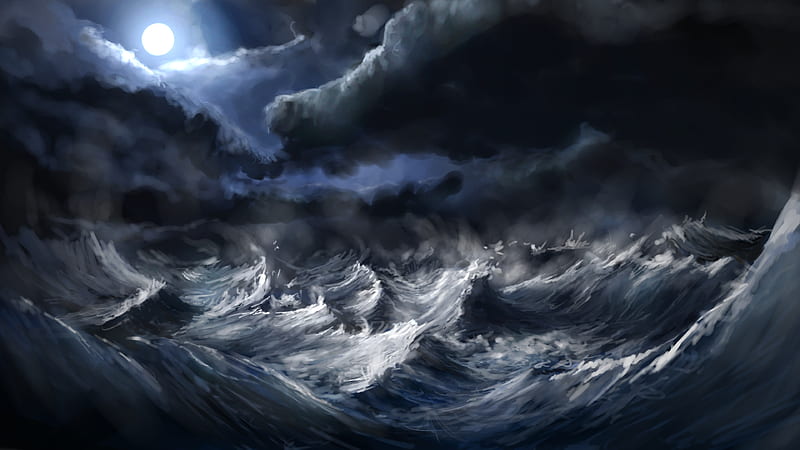 rough seas, artistic, moon, water, dark, ocean, storm, HD wallpaper