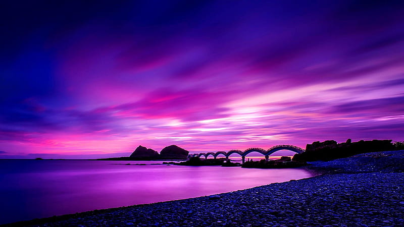 Footbridge at Sanxiantai,Taiwan, purple, footbridge, ocean, nature, sky, sea, HD wallpaper