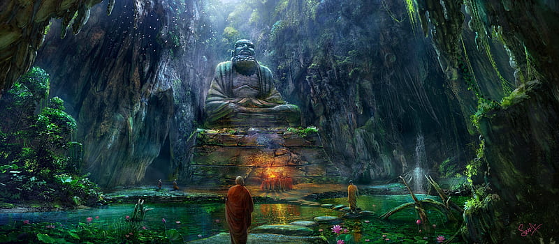 Bodhidharma cave, luminos, green, statue, suresh pydikondala, cave, blue,  orange, HD wallpaper | Peakpx