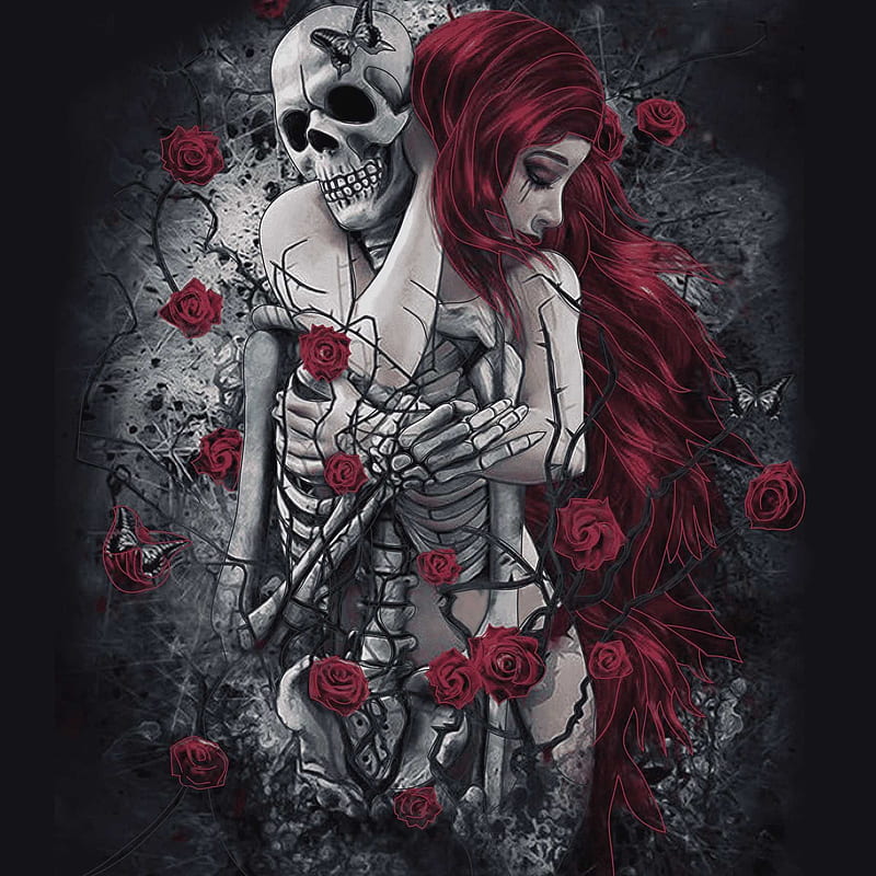 Eternal Love , butterfly, dark, death, embrace, red, roses, skelton, women, HD phone wallpaper
