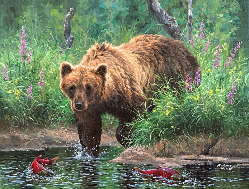 Salmon Fisherman, fishes, water, painting, bear, river, nature, artwork, HD wallpaper