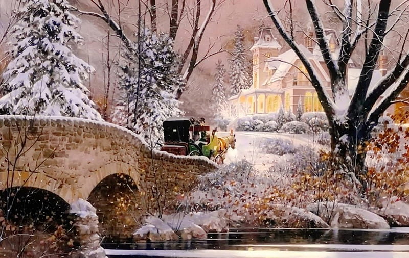 Snowy day, art, house, bonito, trees, horse, winter, snow, bridge, painting, river, frost, HD wallpaper
