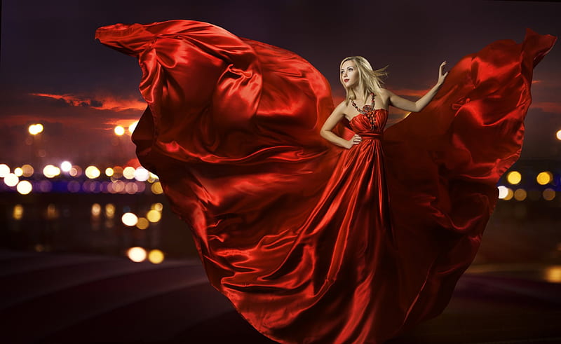 City Wind, city lights, red silk gown, wind, clouds, sky, women, HD wallpaper