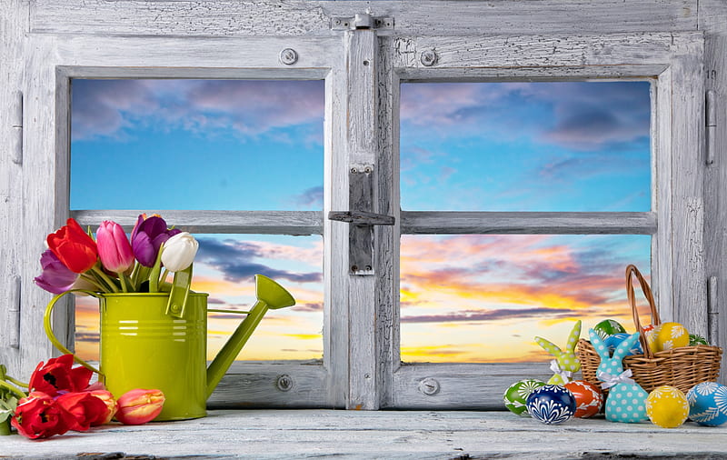 Happy Easter, spring time, colorful, window, easter eggs, holiday, colors, sunset, easter, spring, sky, clouds, still life, tulips, tulips world, tulip, HD wallpaper