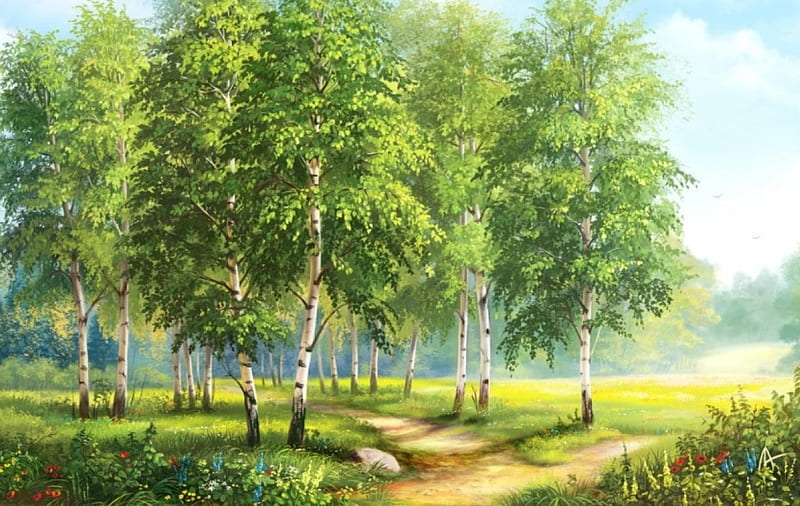Grove, painting, art, trees, HD wallpaper