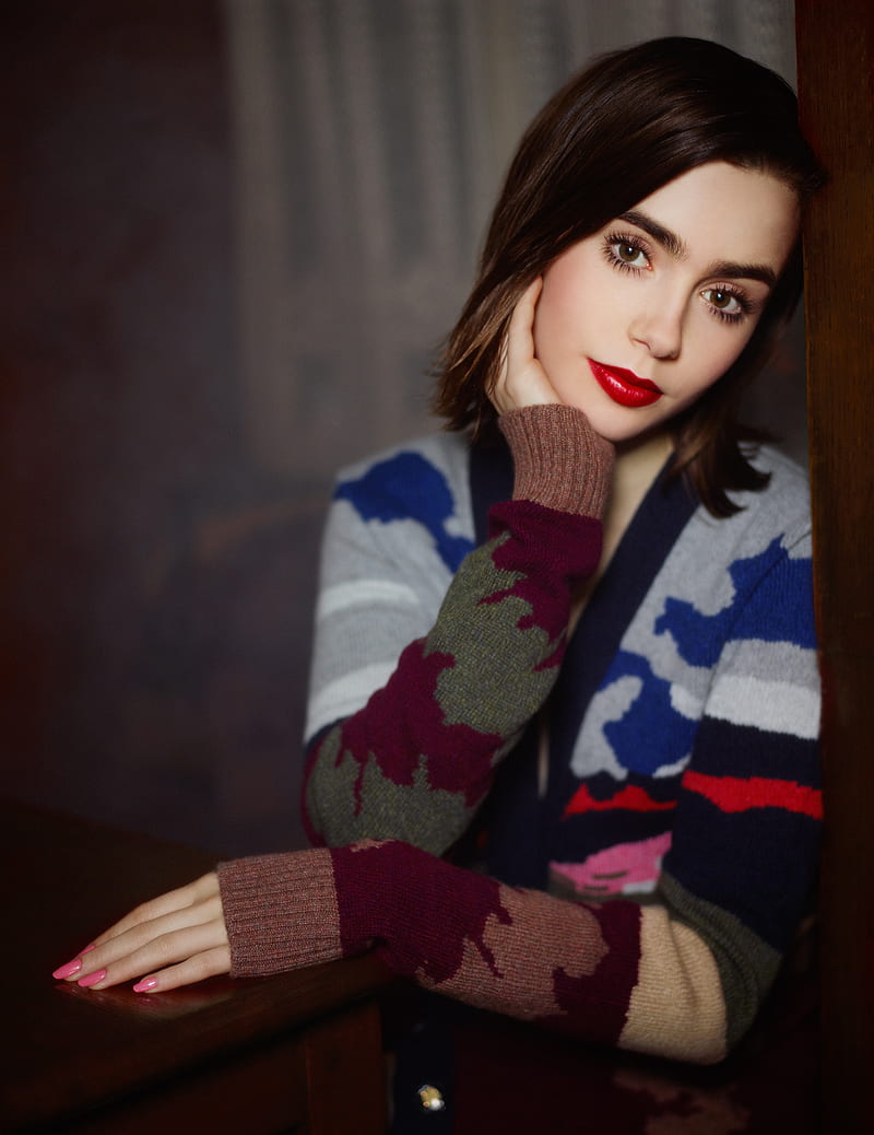 Lily Collins, actress, women, lipstick, pink nails, HD phone wallpaper