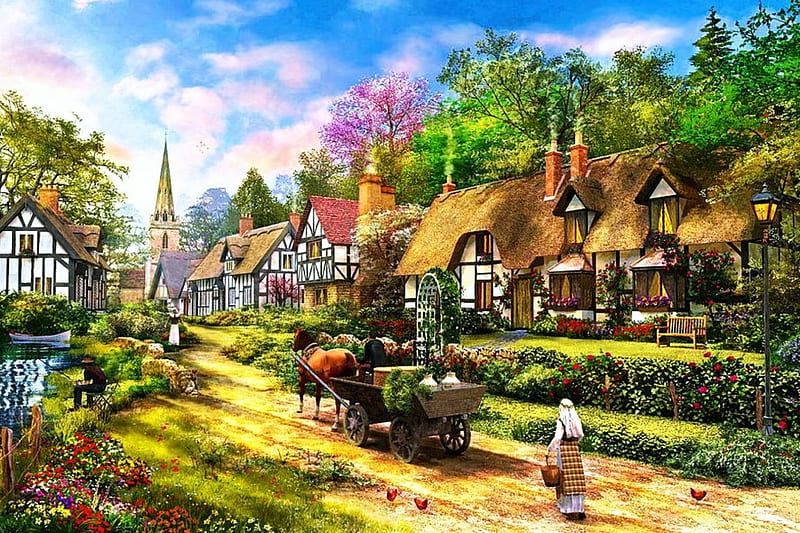 Peasant Village Life, cottages, cart, trees, horse, sky, woman, clouds, artwork, painting, flowers, path, HD wallpaper