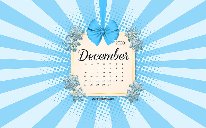 2020 December Calendar, blue background, winter 2020 calendars, December, 2020 calendars, snowflakes, retro style, December 2020 Calendar, calendar with snowflakes, HD wallpaper