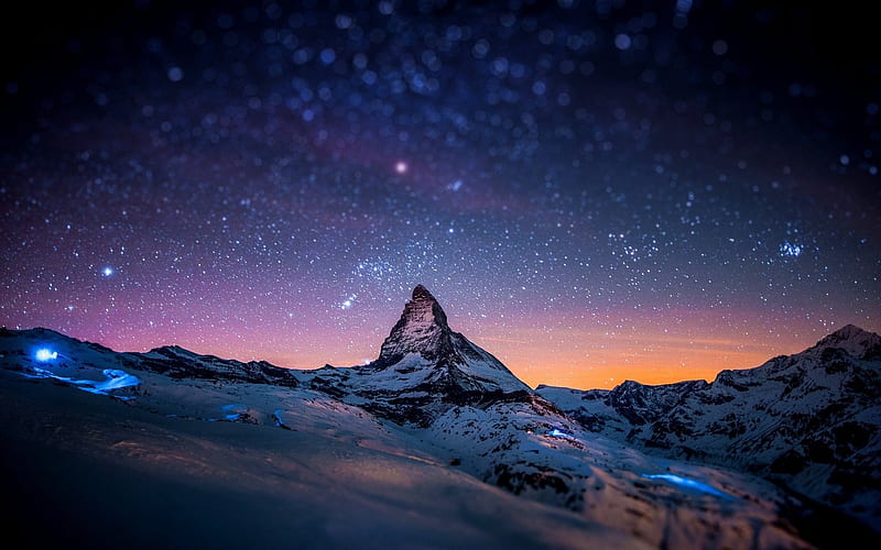 Matterhorn Under Starry Sky, Beauty, Sky, Matterhorn, Mountain, Snow, dark, Nature, Stars, Orange hues, Blue, HD wallpaper