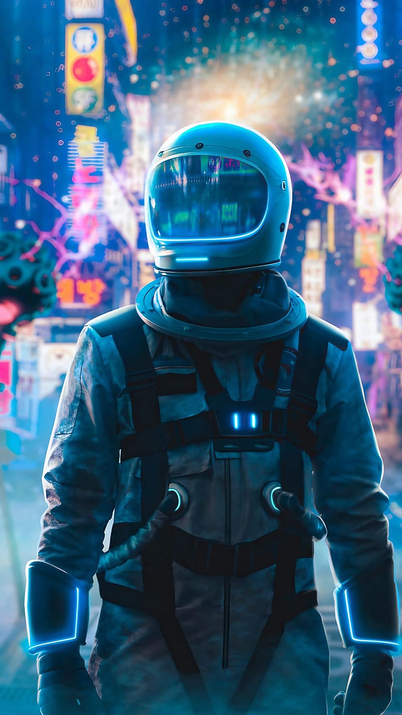 Iphone Stylish, Astronaut In Neon City, astronaut, neon city, HD phone wallpaper