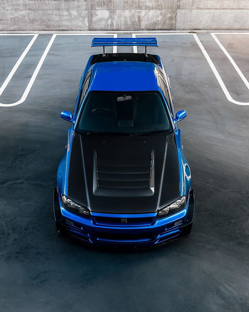 Nissan GTR r34, blue, car, carbon fiber, jdm, HD phone wallpaper
