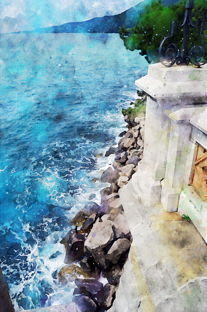watercolor, Italy, artwork, coast, sea, HD phone wallpaper