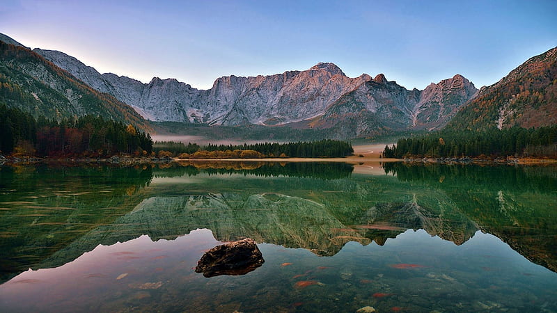 Anticipation of the Dawn, rocks, reflection, mountains, lake, trees, HD wallpaper
