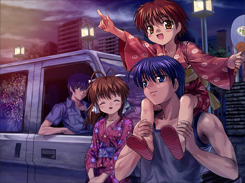 Into Festival !!, festival, game, yusuke, clannad, key, nagisa, okazaki, ushio, pigyback ride, tomoya, anime, fireworks, yoshino, HD wallpaper