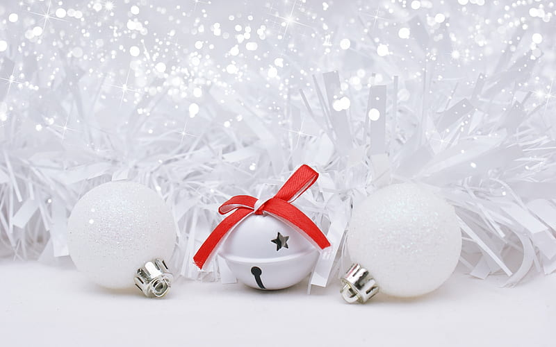 New Year, Christmas, 2018, white Christmas balls, snow, decorations, HD wallpaper