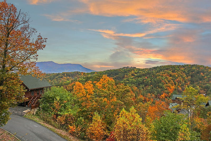 Smoky Cove, Smoky Mountains, road, trees, forest, autumn, sunset, cabin, sky, HD wallpaper