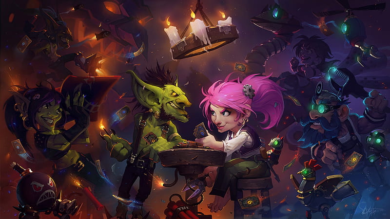 Goblins vs Gnomes, gnomes, world of warcraft, goblins, game, hearthstone, fantasy, girl, green, pink, HD wallpaper