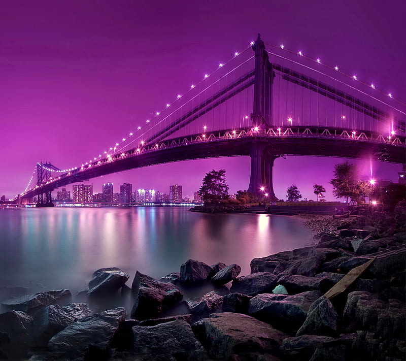 Brooklyn Bridge, bridge, harbour, manhattan, new york, night, purple, HD wallpaper