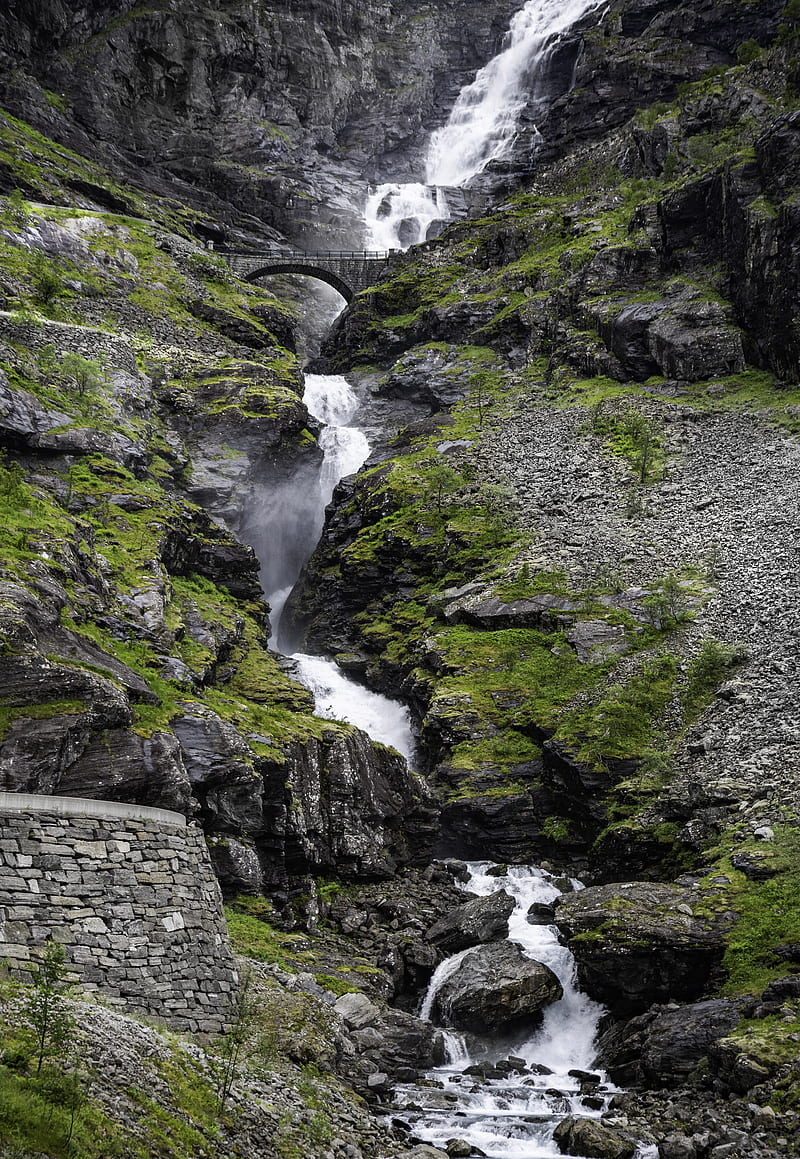 waterfall, rocks, stones, bridge, water, nature, HD phone wallpaper