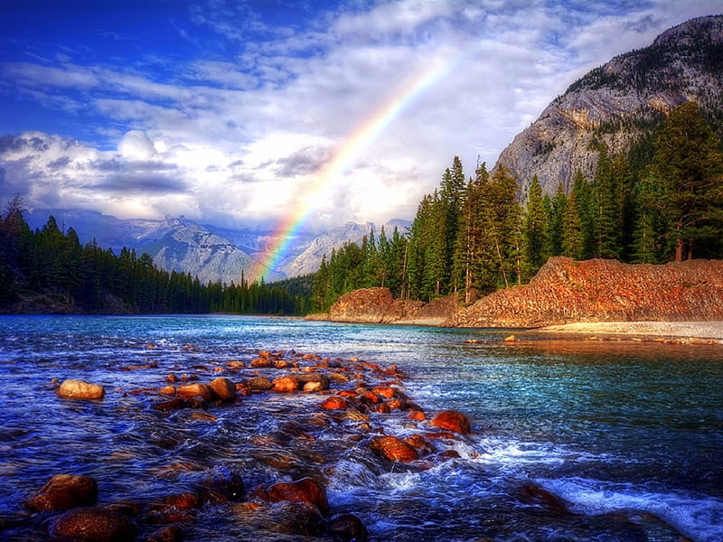 Bow River, love four seasons, attractions in dreams, sky, clouds, rainbows, graphy, Canada, landscapes, nature, rivers, HD wallpaper