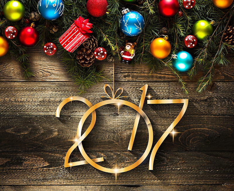 Happy New Year!, deco, 2017, new year, wood, card, HD wallpaper