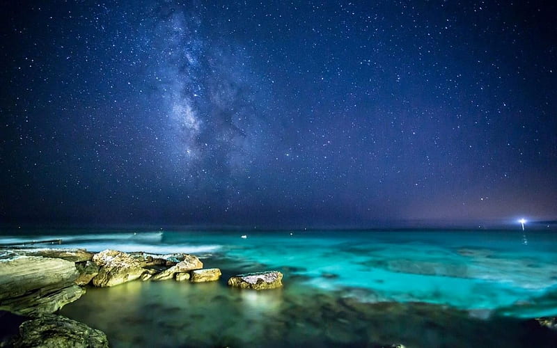 Night Sky over Ocean Horizon, sky, ocean, rocks, stars, milky way, evening, reflection, HD wallpaper