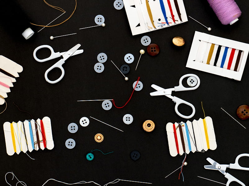 thread, buttons, needles, sewing, scissors, black, HD wallpaper