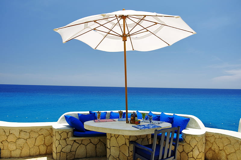 Veranda at Jamaican Beach, sun, water, summer, umbrella, sea, HD wallpaper