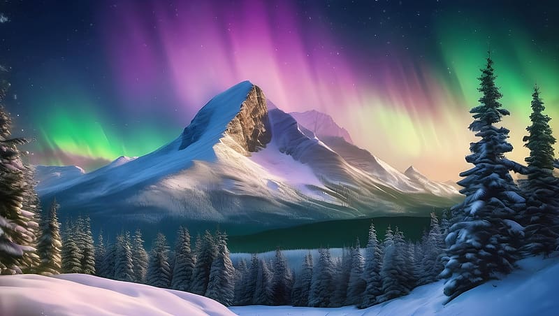 Aurora Borealis, bekes, havas, fak, ho, hegyek, tel, szines, termeszet, erdo, HD wallpaper