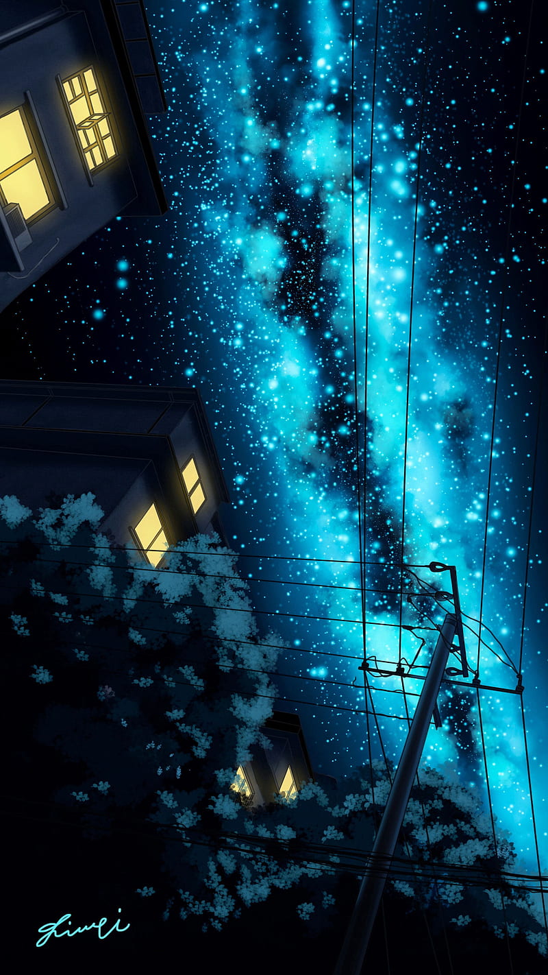 starry sky, night, art, pillar, wires, buildings, HD phone wallpaper