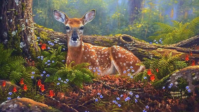Deer, art, caprioara, painting, flower, abraham hunter, pictura, animal, HD wallpaper