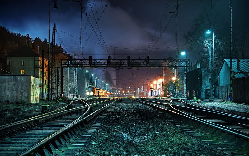 rails, lights, train, HD wallpaper
