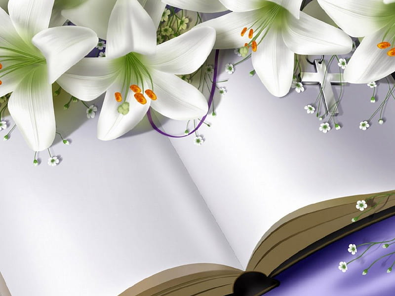 EMPTY PAGE, white lily flowers, desenho, vector, holly book crucifix, HD wallpaper
